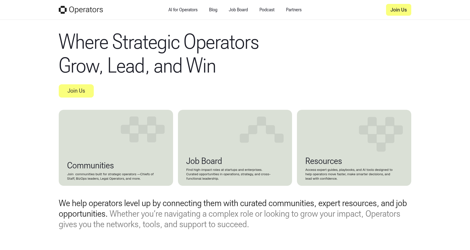 foroperators.com — 'Where Strategic Operators Grow, Lead, and Win' hero with lime accents