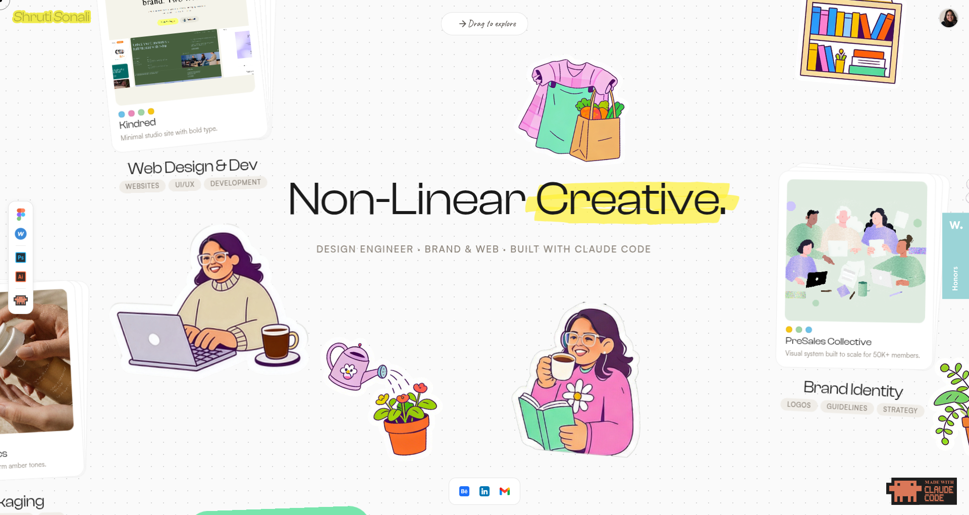 portfoliobyshruti.com — 'Non-Linear Creative.' hero with hand-drawn sticker collage
