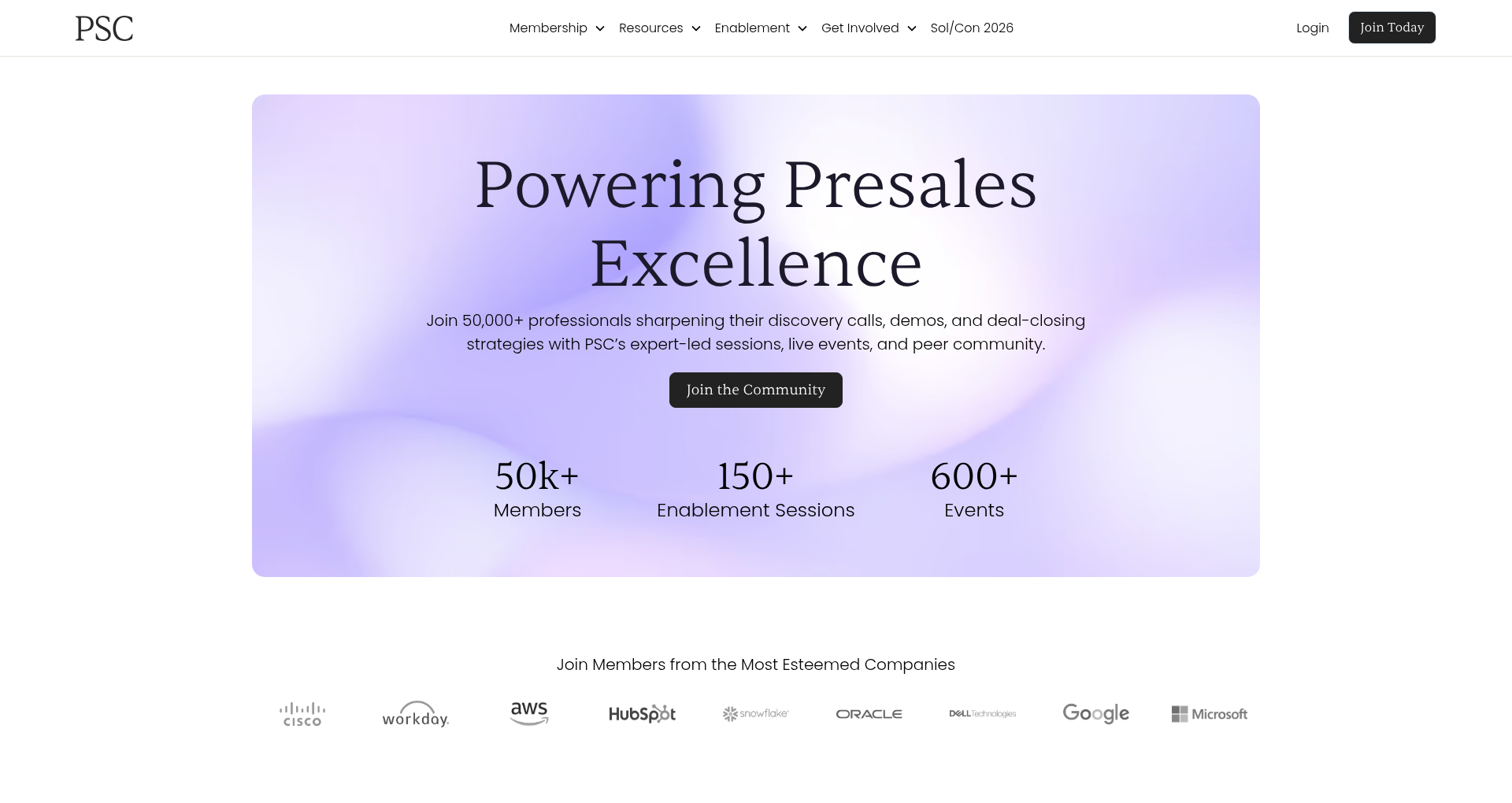 presalescollective.com — 'Powering Presales Excellence' hero on a soft purple gradient